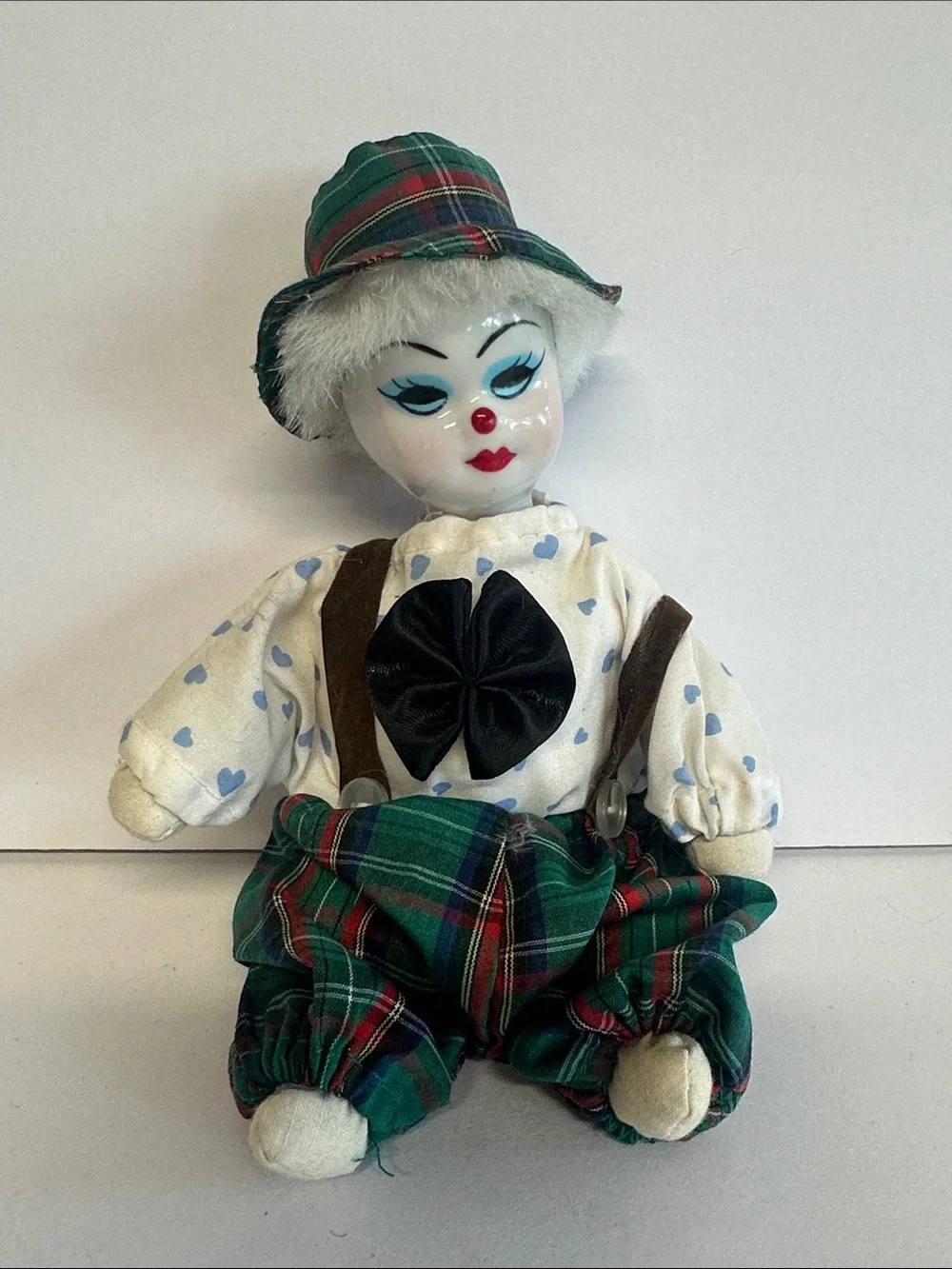 Vintage Clown Doll in Green Tartan Outfit